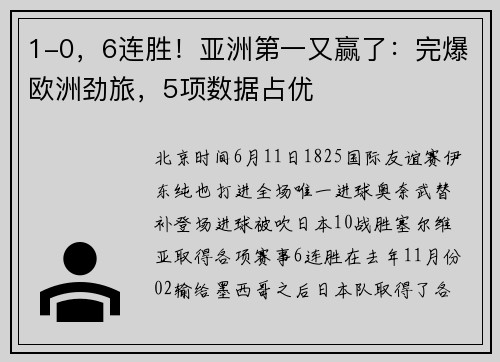 1-0，6连胜！亚洲第一又赢了：完爆欧洲劲旅，5项数据占优