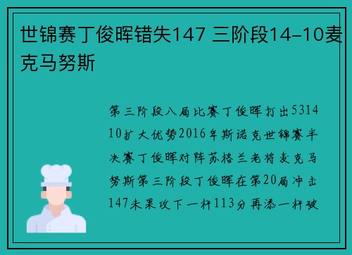 世锦赛丁俊晖错失147 三阶段14-10麦克马努斯